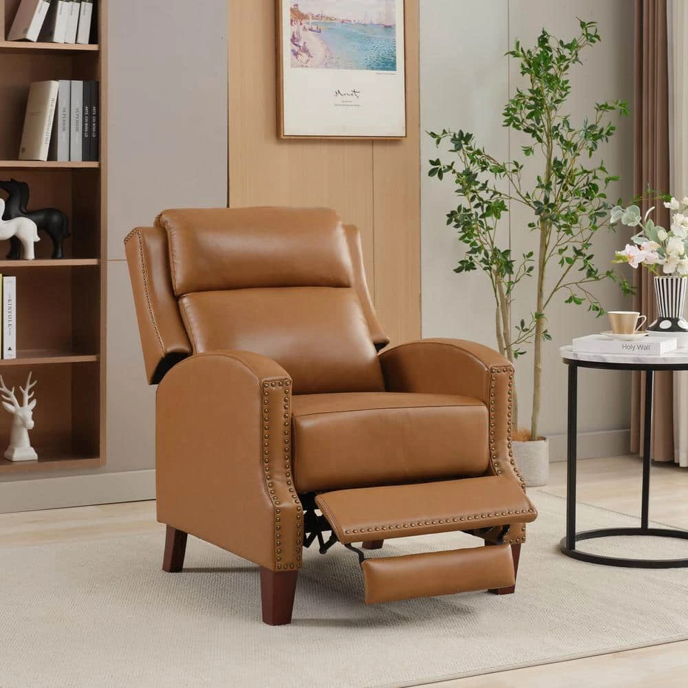 Classic Vintage Cigar Camel Hand Push Leather Recliner With Nailhead Trim 8 Classic Vintage Cigar Camel Hand Push Leather Recliner With Nailhead Trim - Image 8