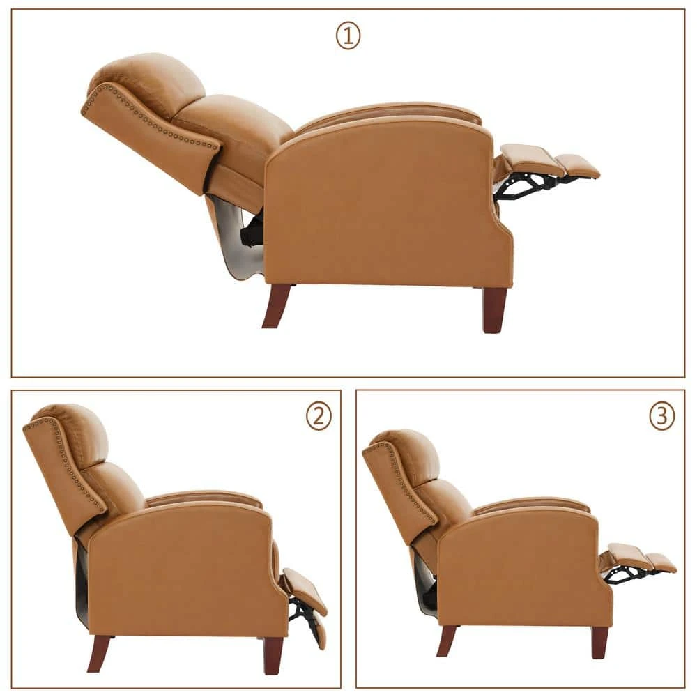 Classic Vintage Cigar Camel Hand Push Leather Recliner With Nailhead Trim 3 Classic Vintage Cigar Camel Hand Push Leather Recliner With Nailhead Trim - Image 3