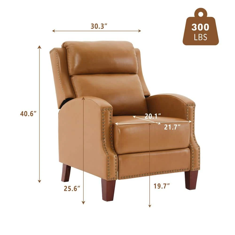 Classic Vintage Cigar Camel Hand Push Leather Recliner With Nailhead Trim 2 Classic Vintage Cigar Camel Hand Push Leather Recliner With Nailhead Trim - Image 2
