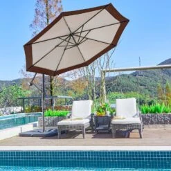 10 Ft. Steel Solar Lighted Cantilever Patio Umbrellas With Sandbag Weighted Base In Beige And Brown Splicing -More Furniture Store cantilever umbrellas 10dzxj b b d4 1000