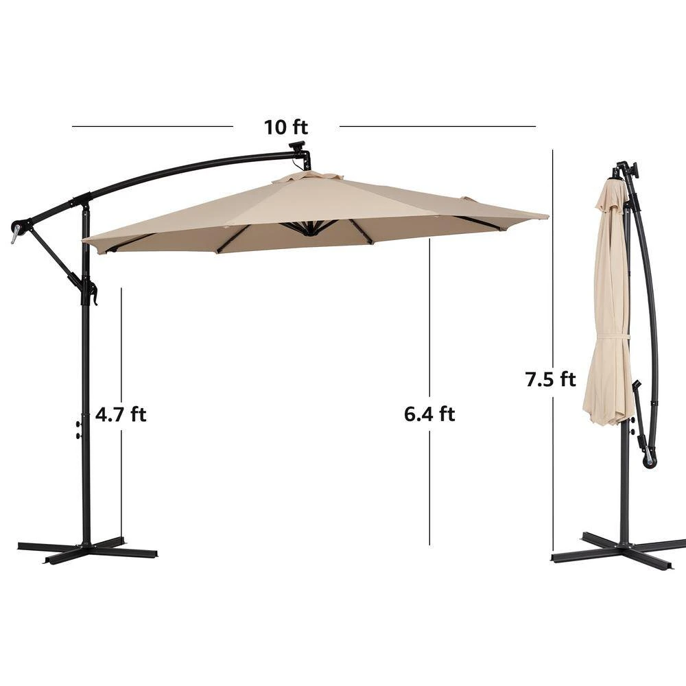 10 Ft. Steel Solar Lighted Cantilever Patio Umbrellas With Sandbag Weighted Base In Beige 5 10 Ft. Steel Solar Lighted Cantilever Patio Umbrellas With Sandbag Weighted Base In Beige - Image 5