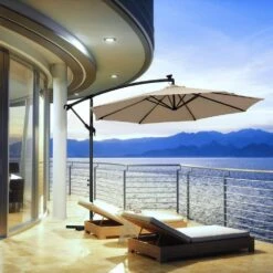 10 Ft. Steel Solar Lighted Cantilever Patio Umbrellas With Sandbag Weighted Base In Beige 17 10 Ft. Steel Solar Lighted Cantilever Patio Umbrellas With Sandbag Weighted Base In Beige -More Furniture Store cantilever umbrellas 10dzxj beige 31 1000