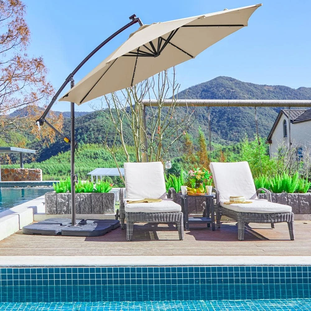 10 Ft. Steel Solar Lighted Cantilever Patio Umbrellas With Sandbag Weighted Base In Beige 8 10 Ft. Steel Solar Lighted Cantilever Patio Umbrellas With Sandbag Weighted Base In Beige - Image 8