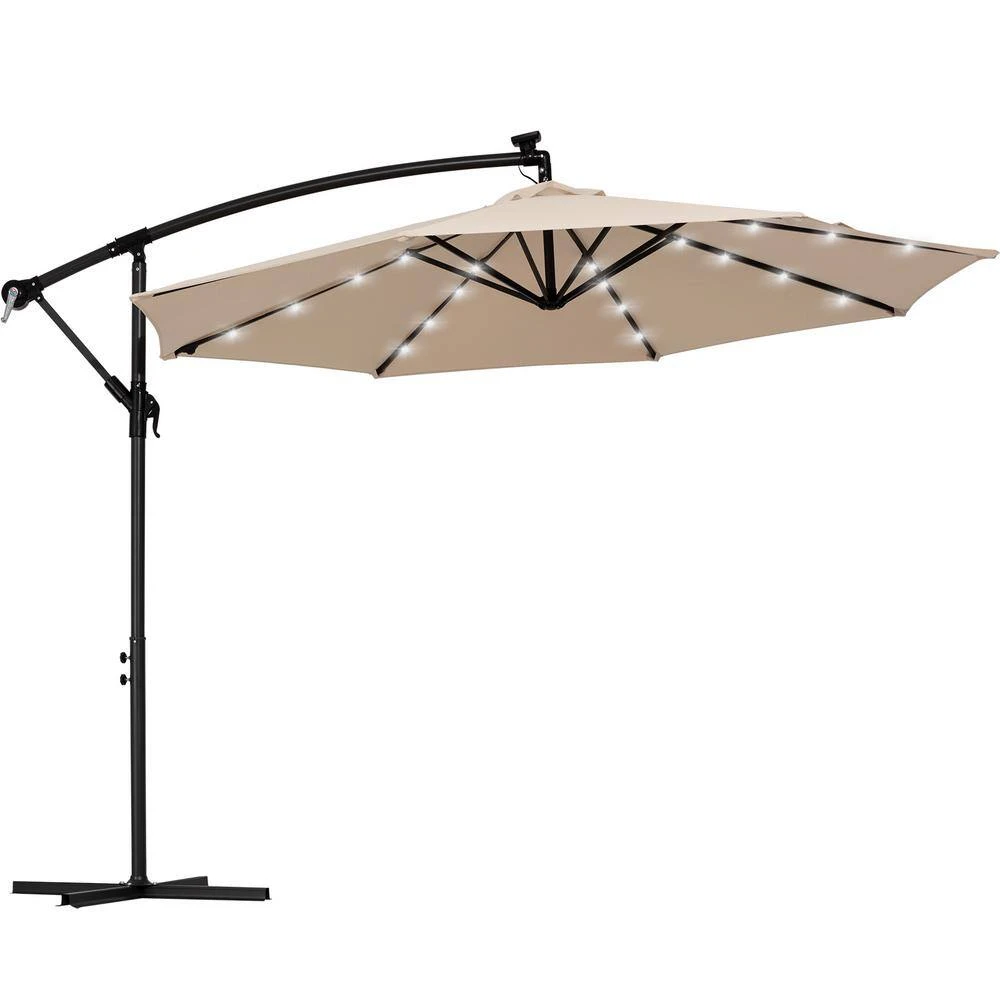 10 Ft. Steel Solar Lighted Cantilever Patio Umbrellas With Sandbag Weighted Base In Beige 2 10 Ft. Steel Solar Lighted Cantilever Patio Umbrellas With Sandbag Weighted Base In Beige - Image 2