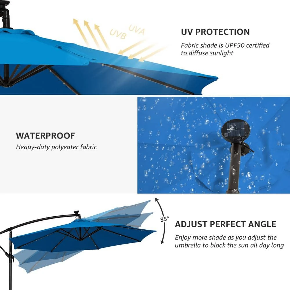 10 Ft. Steel Solar Lighted Cantilever Patio Umbrellas With Sandbag Weighted Base In Blue 4 10 Ft. Steel Solar Lighted Cantilever Patio Umbrellas With Sandbag Weighted Base In Blue - Image 4