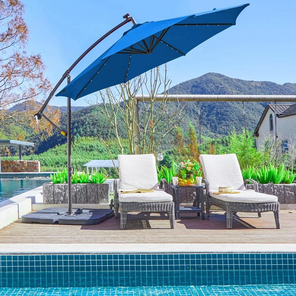 10 Ft. Steel Solar Lighted Cantilever Patio Umbrellas With Sandbag Weighted Base In Blue 6 10 Ft. Steel Solar Lighted Cantilever Patio Umbrellas With Sandbag Weighted Base In Blue - Image 6