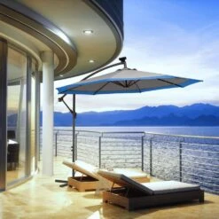 10 Ft. Steel Solar Lighted Cantilever Patio Umbrellas With Sandbag Weighted Base In Gray And Blue Splicing -More Furniture Store cantilever umbrellas 10dzxj g b 31 1000