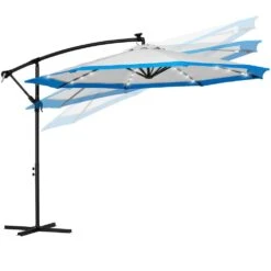 10 Ft. Steel Solar Lighted Cantilever Patio Umbrellas With Sandbag Weighted Base In Gray And Blue Splicing -More Furniture Store cantilever umbrellas 10dzxj g b 77 1000