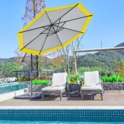 10 Ft. Steel Solar Lighted Cantilever Patio Umbrellas With Sandbag Weighted Base In Gray And Yellow Splicing -More Furniture Store cantilever umbrellas 10dzxj g y d4 1000