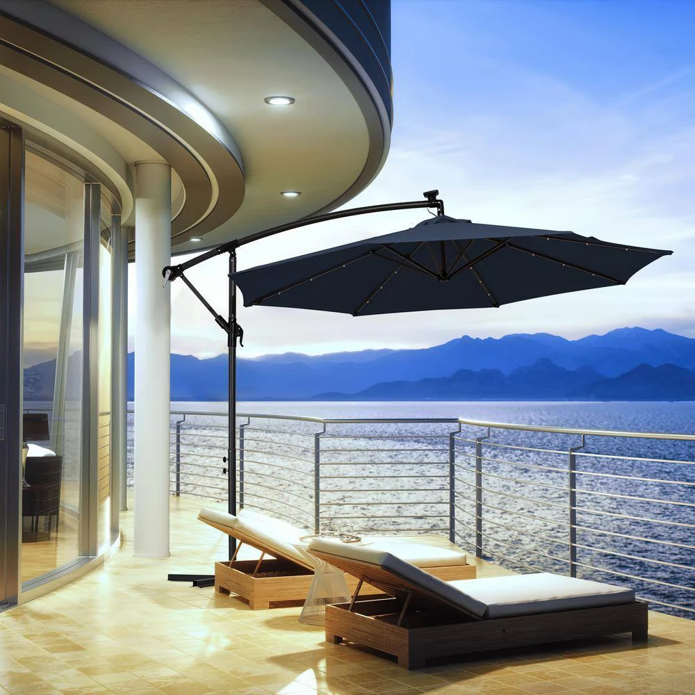 10 Ft. Steel Solar Lighted Cantilever Patio Umbrellas With Sandbag Weighted Base In Navy 8 10 Ft. Steel Solar Lighted Cantilever Patio Umbrellas With Sandbag Weighted Base In Navy - Image 8