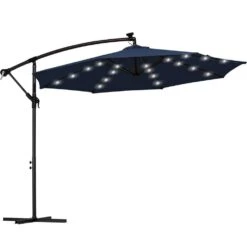 10 Ft. Steel Solar Lighted Cantilever Patio Umbrellas With Sandbag Weighted Base In Navy