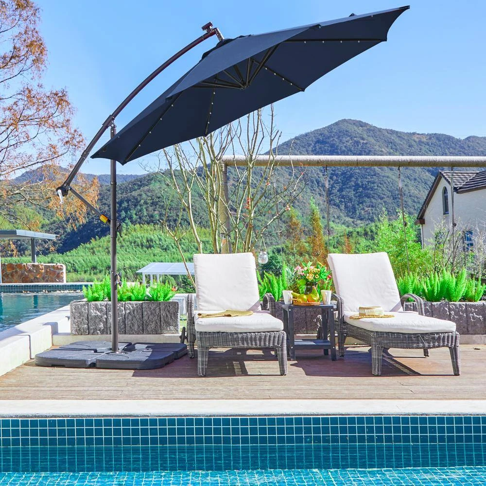 10 Ft. Steel Solar Lighted Cantilever Patio Umbrellas With Sandbag Weighted Base In Navy 7 10 Ft. Steel Solar Lighted Cantilever Patio Umbrellas With Sandbag Weighted Base In Navy - Image 7