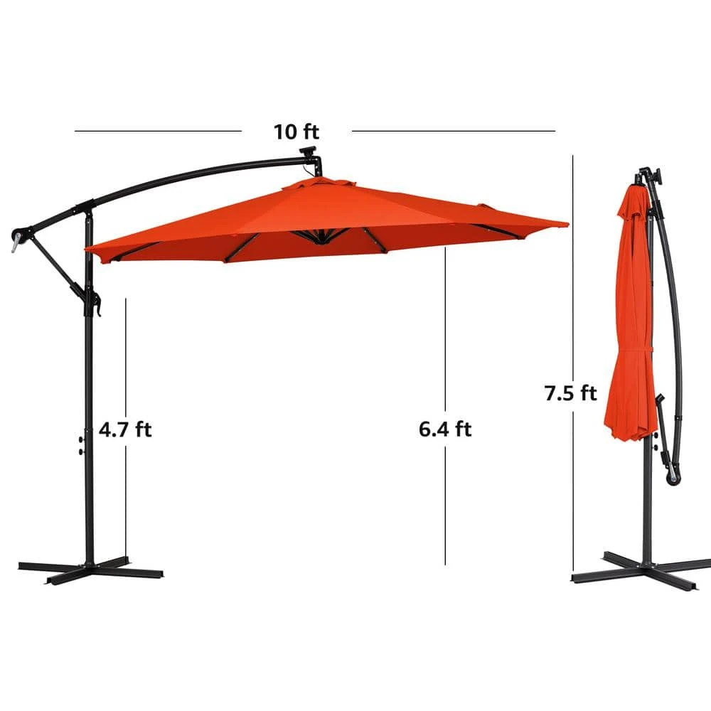 10 Ft. Steel Solar Lighted Cantilever Patio Umbrellas With Sandbag Weighted Base In Orange 3 10 Ft. Steel Solar Lighted Cantilever Patio Umbrellas With Sandbag Weighted Base In Orange - Image 3