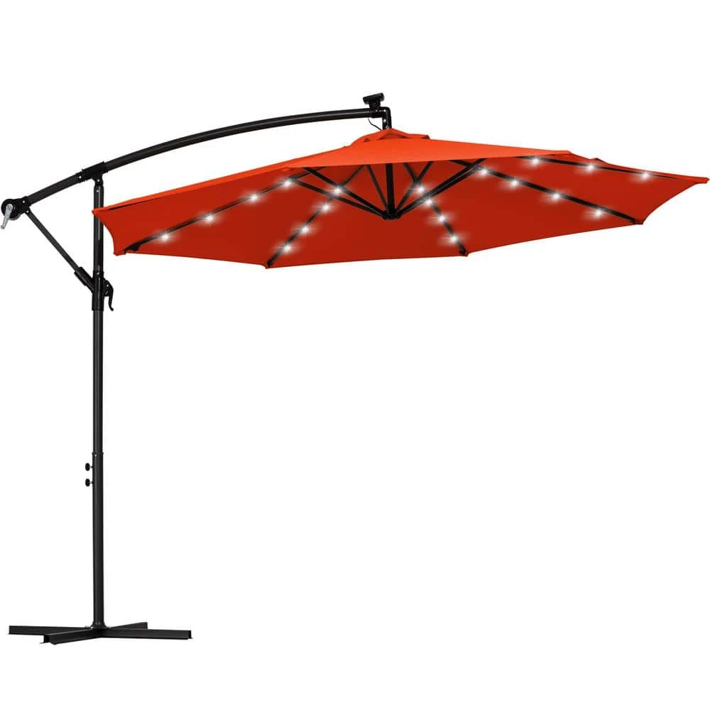 10 Ft. Steel Solar Lighted Cantilever Patio Umbrellas With Sandbag Weighted Base In Orange 1 10 Ft. Steel Solar Lighted Cantilever Patio Umbrellas With Sandbag Weighted Base In Orange