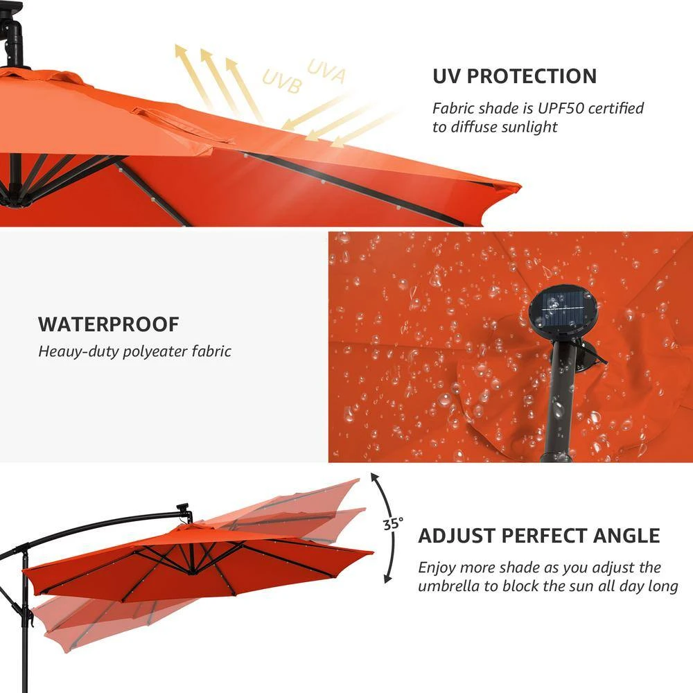 10 Ft. Steel Solar Lighted Cantilever Patio Umbrellas With Sandbag Weighted Base In Orange 4 10 Ft. Steel Solar Lighted Cantilever Patio Umbrellas With Sandbag Weighted Base In Orange - Image 4