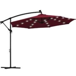 10 Ft. Steel Solar Lighted Cantilever Patio Umbrellas With Sandbag Weighted Base In Red