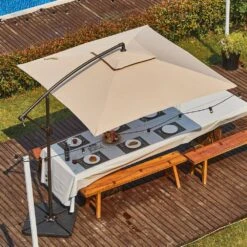 8 Ft. X 8 Ft. 2-Tier Steel Cantilever Outdoor Offset Patio Umbrella With Sandbag And Cross Base In Beige -More Furniture Store cantilever umbrellas 8x8xjs sd be 31 1000