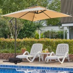 8 Ft. X 8 Ft. 2-Tier Steel Cantilever Outdoor Offset Patio Umbrella With Sandbag And Cross Base In Beige