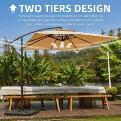 8 Ft. X 8 Ft. 2-Tier Steel Cantilever Outdoor Offset Patio Umbrella With Sandbag And Cross Base In Beige -More Furniture Store cantilever umbrellas 8x8xjs sd be d4 1000