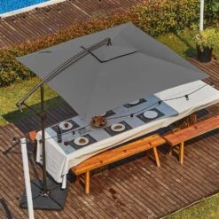 8 Ft. X 8 Ft. 2-Tier Steel Cantilever Outdoor Offset Patio Umbrella With Sandbag And Cross Base In Gray -More Furniture Store cantilever umbrellas 8x8xjs sd gy 31 1000