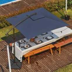 8 Ft. X 8 Ft. 2-Tier Steel Cantilever Outdoor Offset Patio Umbrella With Sandbag And Cross Base In Navy -More Furniture Store cantilever umbrellas 8x8xjs sd ny 31 1000