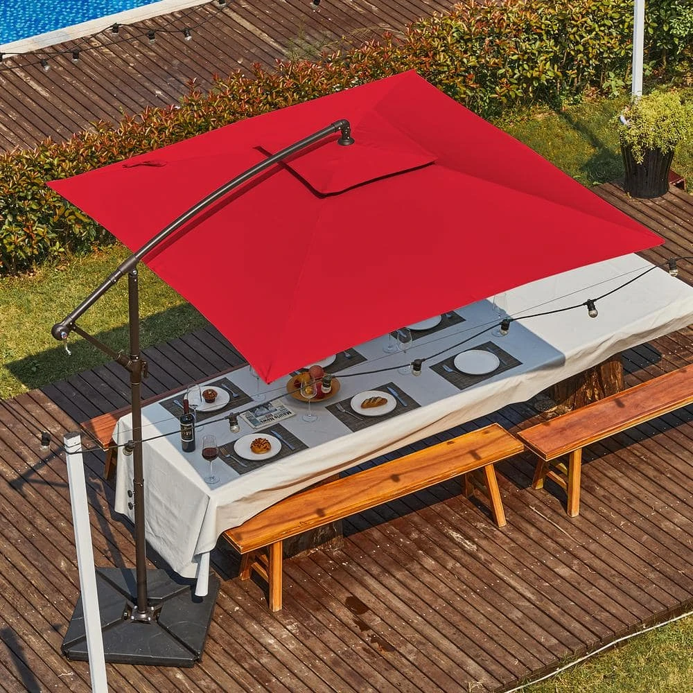 8 Ft. X 8 Ft. 2-Tier Steel Cantilever Outdoor Offset Patio Umbrella With Sandbag And Cross Base In Red 6 8 Ft. X 8 Ft. 2-Tier Steel Cantilever Outdoor Offset Patio Umbrella With Sandbag And Cross Base In Red - Image 6