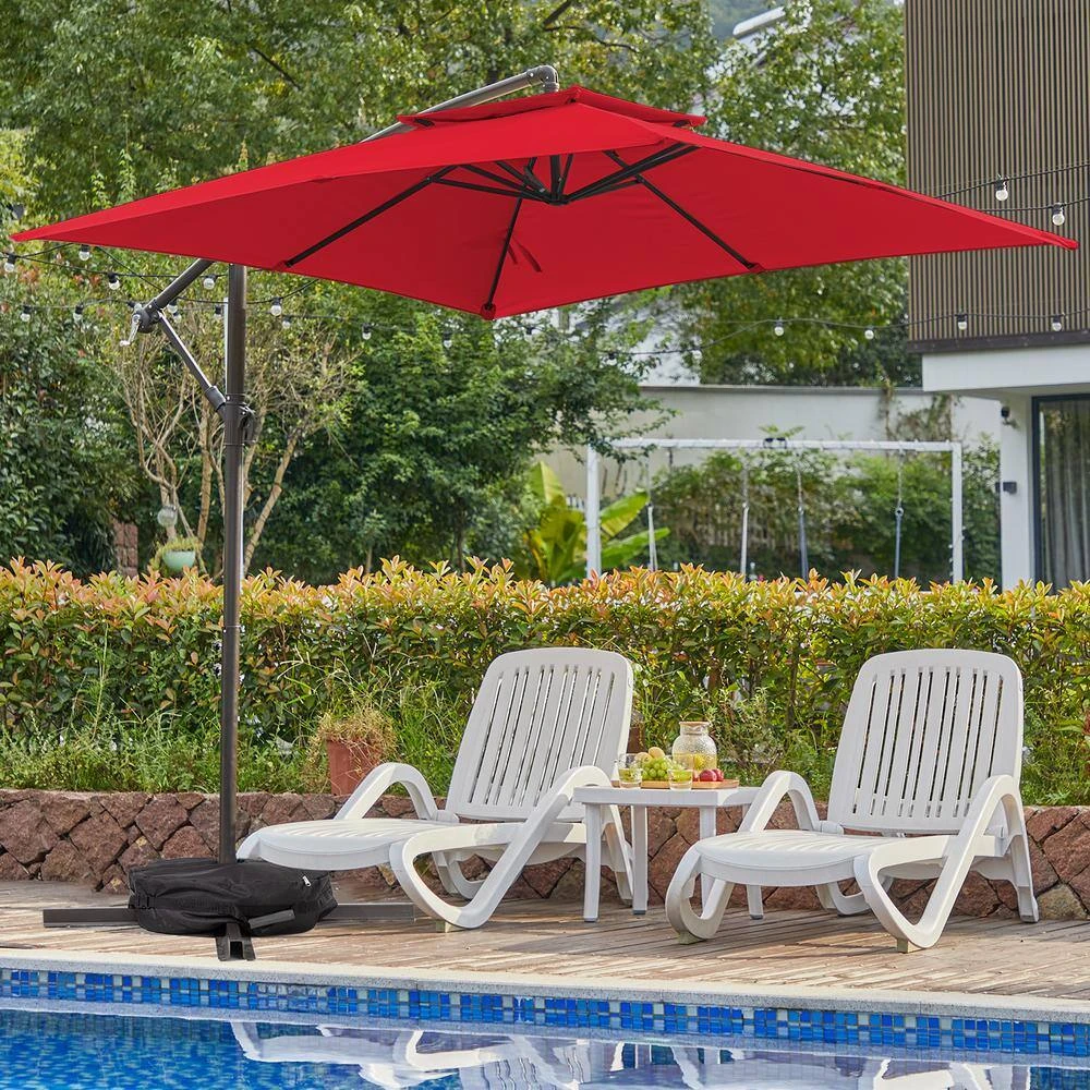 8 Ft. X 8 Ft. 2-Tier Steel Cantilever Outdoor Offset Patio Umbrella With Sandbag And Cross Base In Red 1 8 Ft. X 8 Ft. 2-Tier Steel Cantilever Outdoor Offset Patio Umbrella With Sandbag And Cross Base In Red