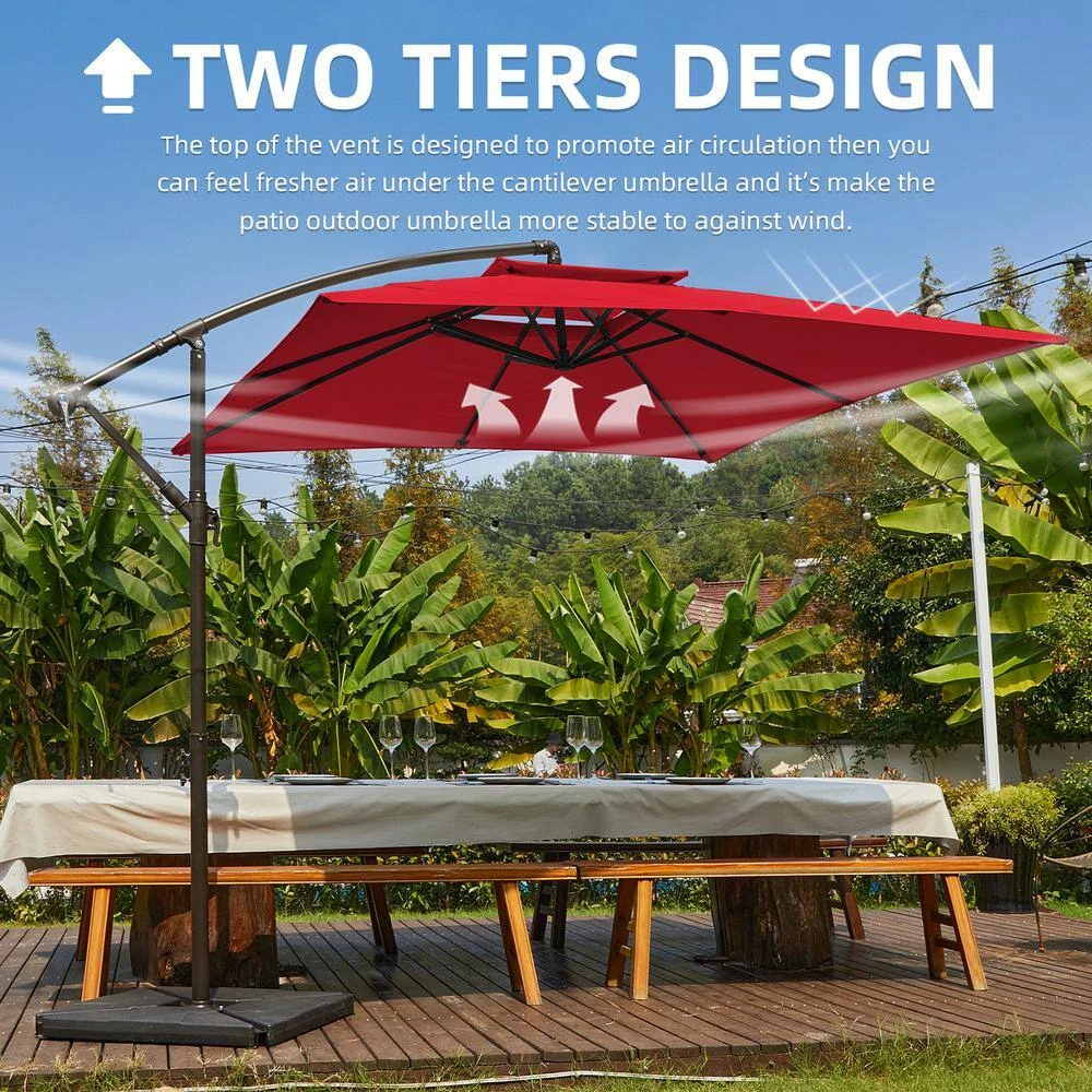 8 Ft. X 8 Ft. 2-Tier Steel Cantilever Outdoor Offset Patio Umbrella With Sandbag And Cross Base In Red 5 8 Ft. X 8 Ft. 2-Tier Steel Cantilever Outdoor Offset Patio Umbrella With Sandbag And Cross Base In Red - Image 5