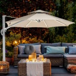 Deluxe 11 Ft. Aluminum Cantilever Solar Patio Umbrella With LED Light Tubes In Beige -More Furniture Store cantilever umbrellas bet11 dt be 31 1000