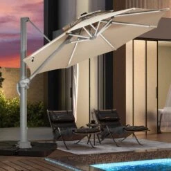Deluxe 11 Ft. Aluminum Cantilever Solar Patio Umbrella With LED Light Tubes In Beige