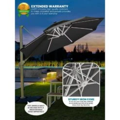 Deluxe 11 Ft. Aluminum Cantilever Solar Patio Umbrella With LED Light Tubes In Gray -More Furniture Store cantilever umbrellas bet11 dt gy 1d 1000