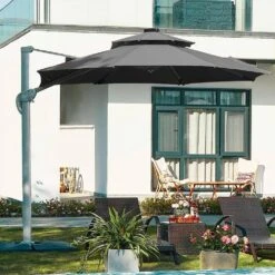 Deluxe 11 Ft. Aluminum Cantilever Solar Patio Umbrella With LED Light Tubes In Gray -More Furniture Store cantilever umbrellas bet11 dt gy 76 1000