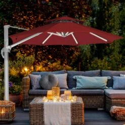 Deluxe 11 Ft. Aluminum Cantilever Solar Patio Umbrella With LED Light Tubes In Red -More Furniture Store cantilever umbrellas bet11 dt rd 31 1000