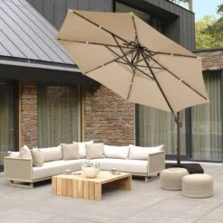 Double Top 11 Ft.Outdoor Cantilever Umbrella With Base And Cover,Heavy-Duty 360° Rotation Patio Umbrella In Beige -More Furniture Store cantilever umbrellas boerte12 beige 31 1000