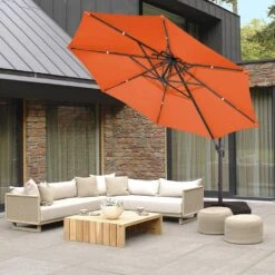 Double Top 11 Ft.Outdoor Cantilever Umbrella With Base And Cover,Heavy-Duty 360° Rotation Patio Umbrella In Pumpkin -More Furniture Store cantilever umbrellas boerte12 orange 31 1000
