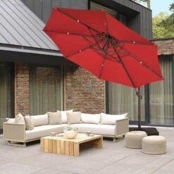 Double Top 11 Ft.Outdoor Cantilever Umbrella With Base And Cover,Heavy-Duty 360° Rotation Patio Umbrella In Red -More Furniture Store cantilever umbrellas boerte12 red 31 1000