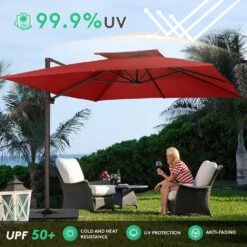 SunShade Deluxe 11 Ft. Square Cantilever Umbrella With Cover Heavy-Duty 360° Rotation Patio Umbrella In Red -More Furniture Store cantilever umbrellas djfx11 rd fa 1000