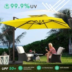 SunShade Deluxe 11 Ft. Square Cantilever Umbrella With Cover Heavy-Duty 360° Rotation Patio Umbrella In Yellow -More Furniture Store cantilever umbrellas djfx11 ye fa 1000