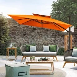 10 Ft. Square Cantilever Umbrella Patio Rotation Outdoor Umbrella With Cover In Orange