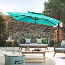 10 Ft. Square Cantilever Umbrella Patio Rotation Outdoor Umbrella With Cover In Peacock Blue