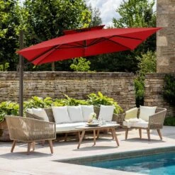 10 Ft. Square Cantilever Umbrella Patio Rotation Outdoor Umbrella With Cover In Red