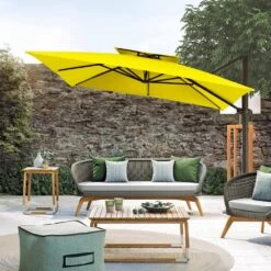 10 Ft. Square Cantilever Umbrella Patio Rotation Outdoor Umbrella With Cover In Yellow