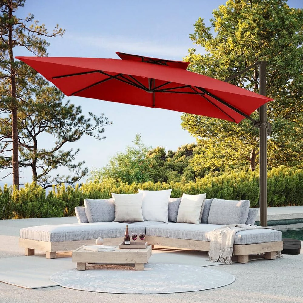 11 Ft. Square Cantilever Umbrella Patio Rotation Outdoor Umbrella With Cover In Red 1 11 Ft. Square Cantilever Umbrella Patio Rotation Outdoor Umbrella With Cover In Red