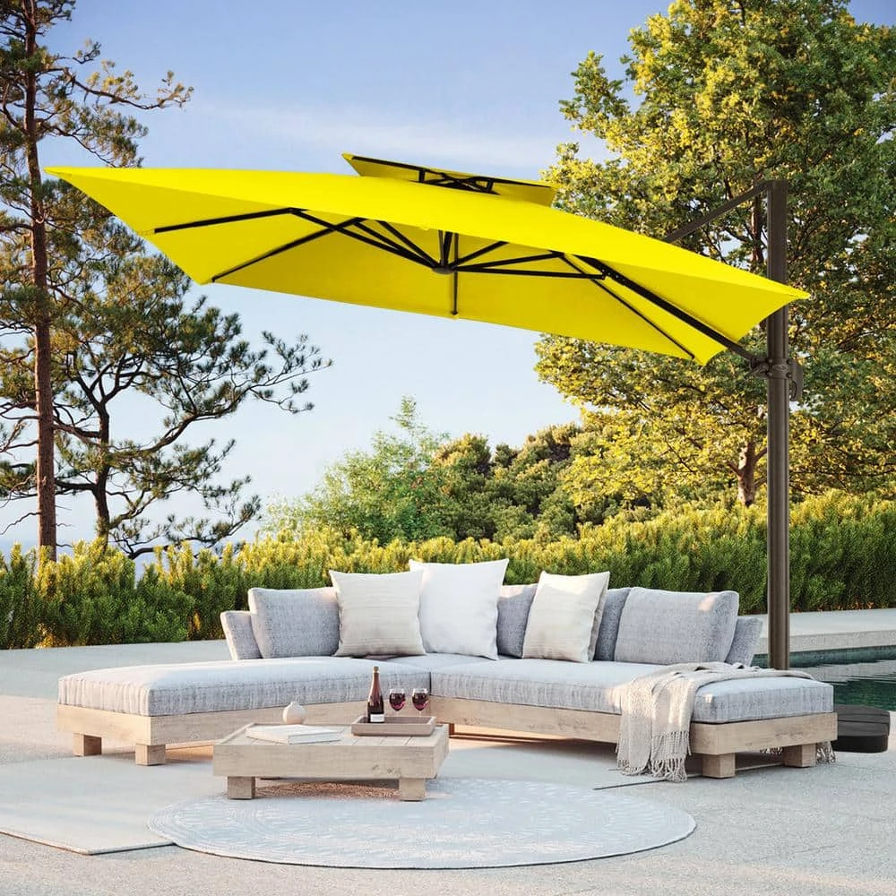 11 Ft. Square Cantilever Umbrella Patio Rotation Outdoor Umbrella With Cover In Yellow 1 11 Ft. Square Cantilever Umbrella Patio Rotation Outdoor Umbrella With Cover In Yellow