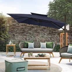 12 Ft. X 12 Ft. Square Outdoor Cantilever Umbrella Patio 2-Tier Top Rotation Umbrella With Cover In Navy