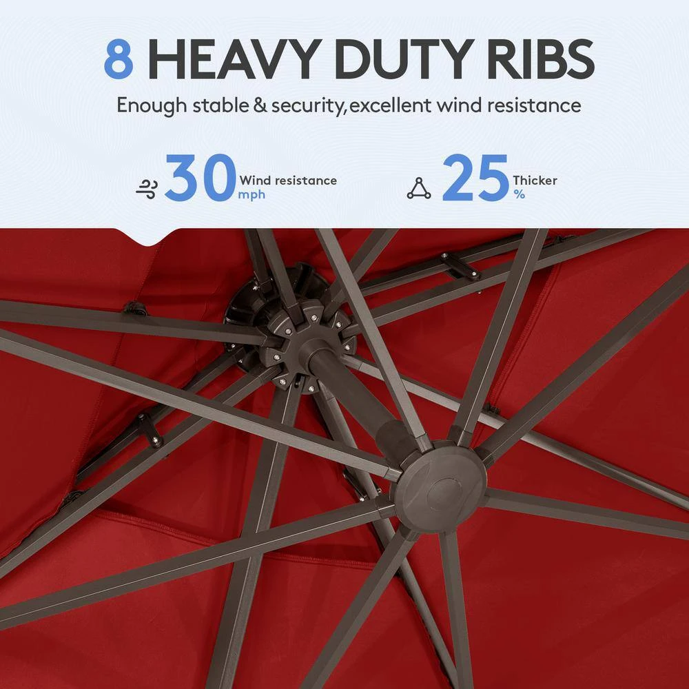 12 Ft. X 12 Ft. Square Outdoor Cantilever Umbrella Patio 2-Tier Top Rotation Umbrella With Cover In Red 6 12 Ft. X 12 Ft. Square Outdoor Cantilever Umbrella Patio 2-Tier Top Rotation Umbrella With Cover In Red - Image 6