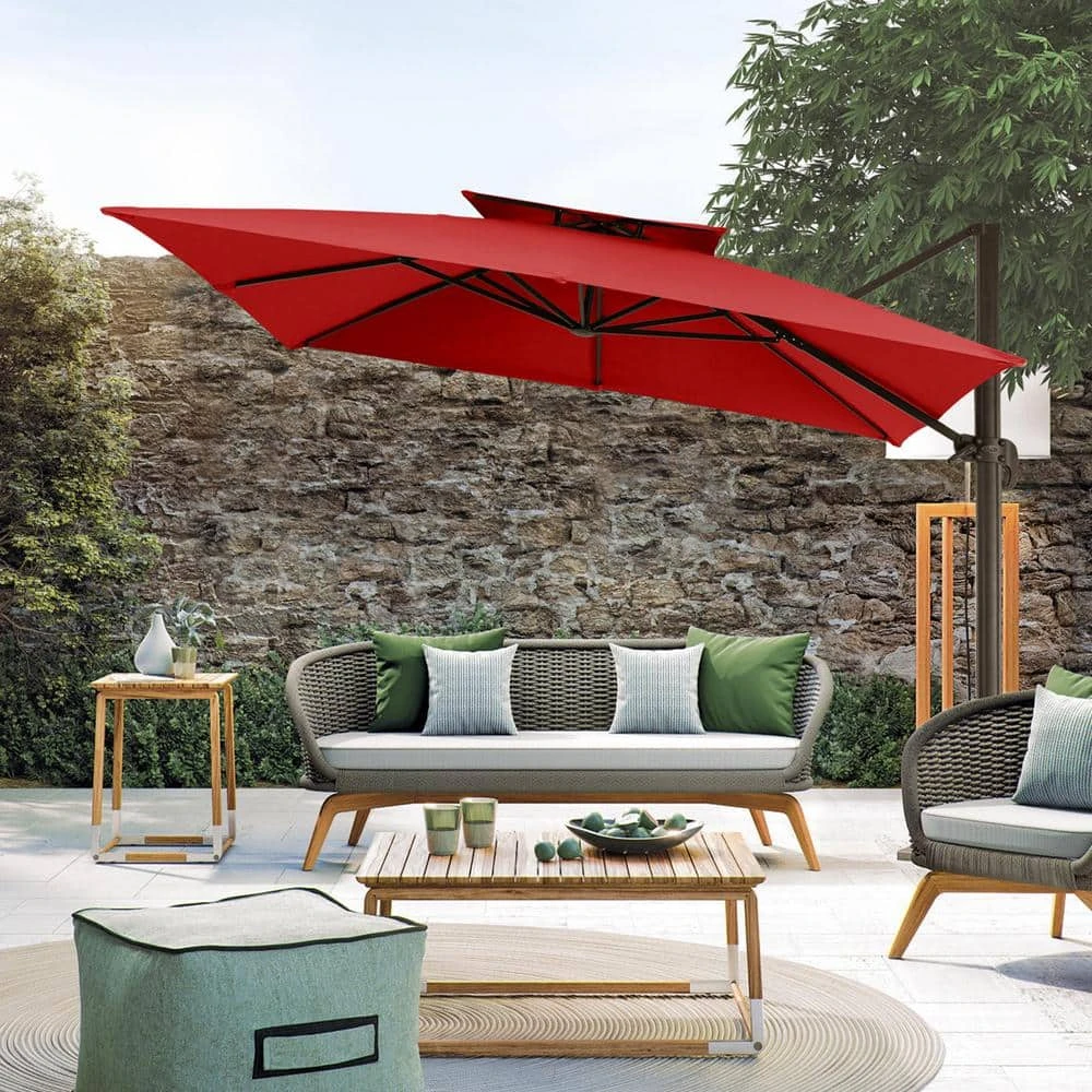 12 Ft. X 12 Ft. Square Outdoor Cantilever Umbrella Patio 2-Tier Top Rotation Umbrella With Cover In Red 1 12 Ft. X 12 Ft. Square Outdoor Cantilever Umbrella Patio 2-Tier Top Rotation Umbrella With Cover In Red