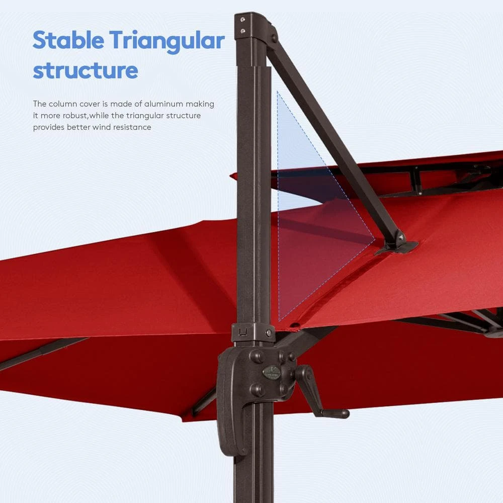 12 Ft. X 12 Ft. Square Outdoor Cantilever Umbrella Patio 2-Tier Top Rotation Umbrella With Cover In Red 7 12 Ft. X 12 Ft. Square Outdoor Cantilever Umbrella Patio 2-Tier Top Rotation Umbrella With Cover In Red - Image 7