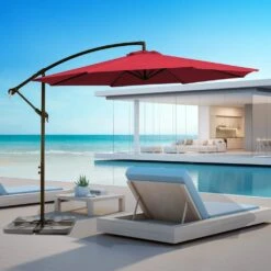 Curvy 10 Ft. Steel Large Cantilever Patio Umbrella With Cross Base In Red