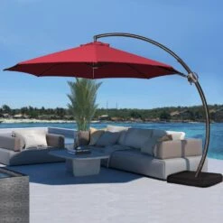 10 Ft. Large Outdoor Aluminum Curvy Cantilever Offset Hanging Patio Umbrella With Sandbag Base And Cover In Red